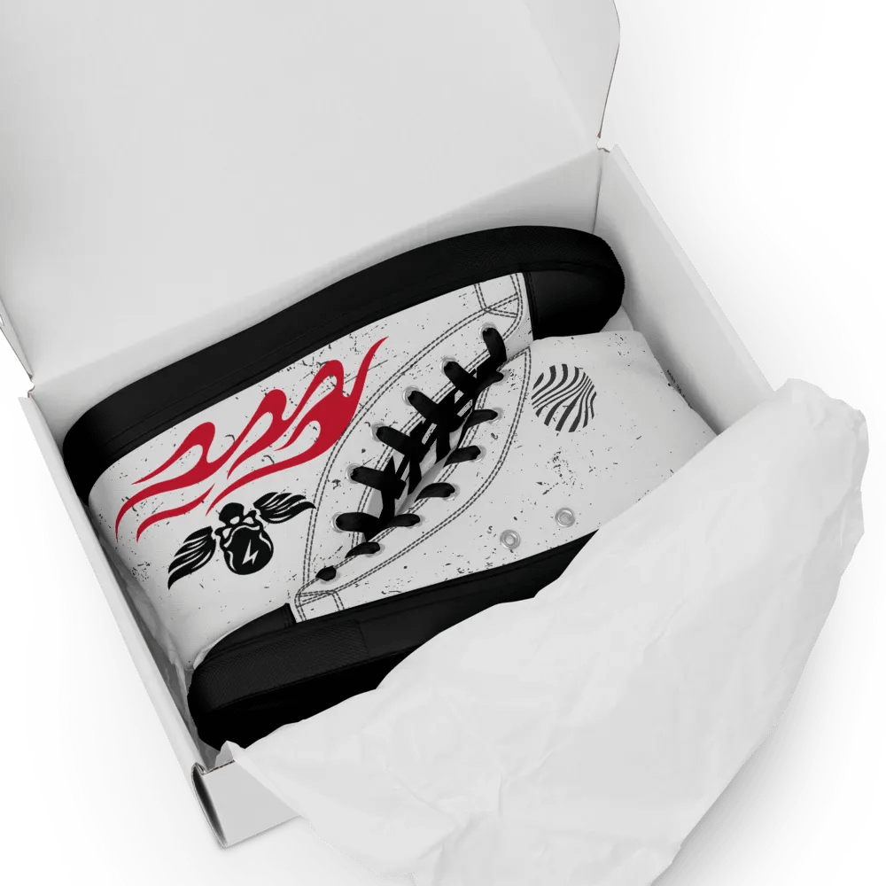 Women's High Top Canvas Shoes-Background fill Abstract 83, design of Skull with wings, Wave of flames and Groovy line in Circles design. product image (8)