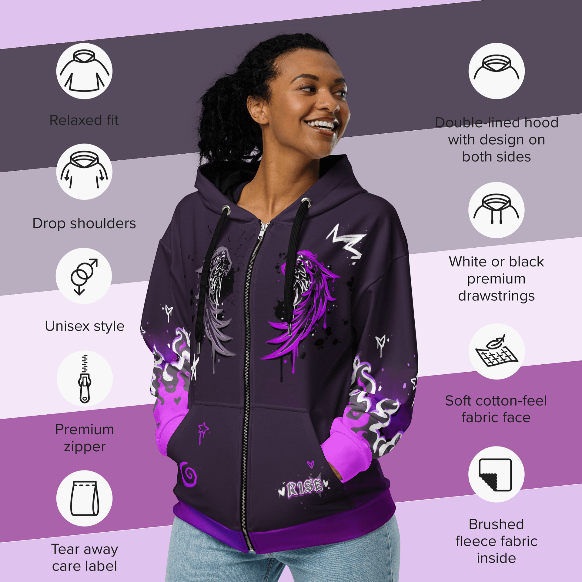 RISE Collection: Subtle Asexual Pride Phoenix Zip Hoodie - PURPLE product image (5)