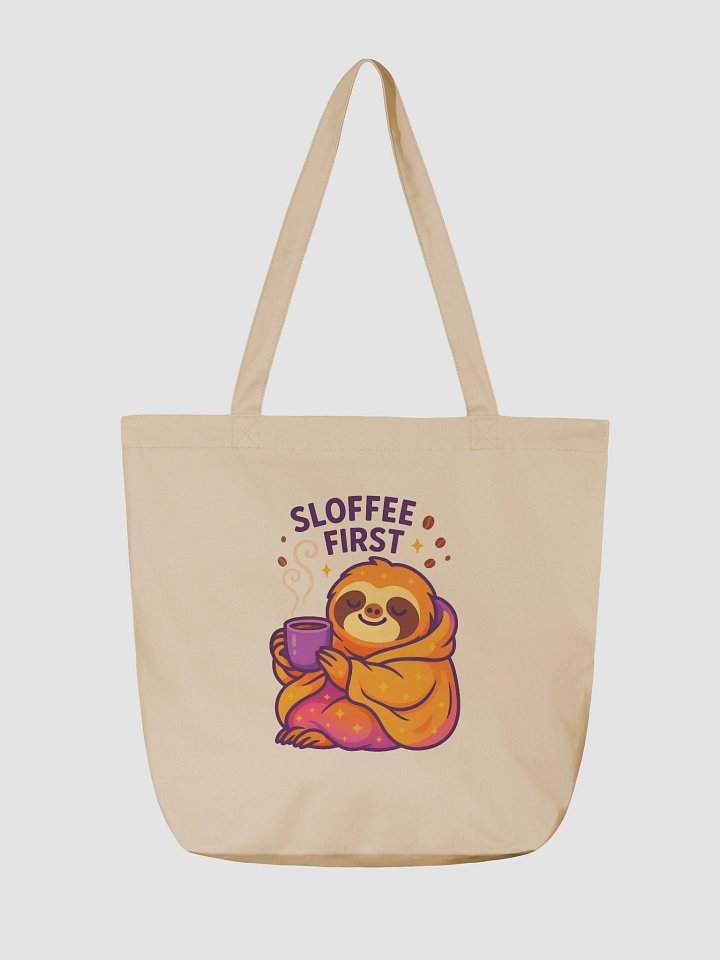 Sloffee First – Funny Sloth Coffee Tote Bag (Double-Sided Print) | Eco Cotton Tote for Caffeine Lovers – Sloths Having Snacks Collection product image (2)