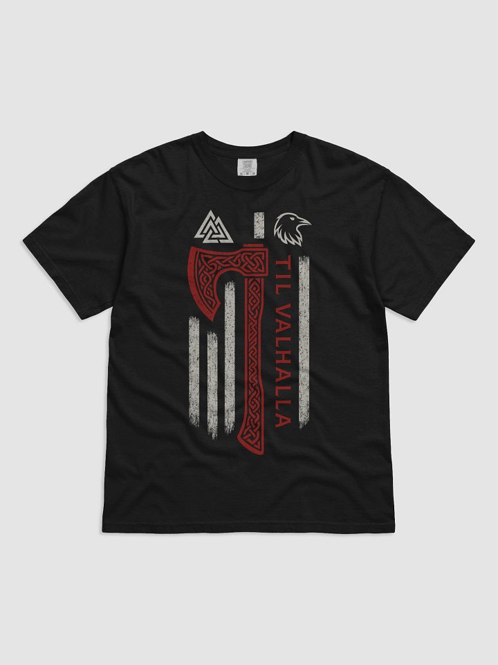 Til Valhalla Viking T-Shirt with Axe, Valknut and Raven – Norse Warrior Memorial Shirt product image (1)
