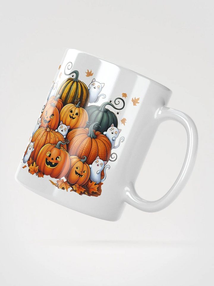 Halloween Pumpkins with Ghost Cats, Bats and Spiders White Glossy Ceramic Mug product image (2)