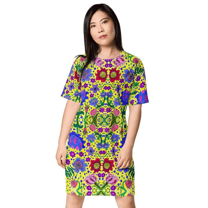 Abstract Vibrant Flower Garden Ladies T Shirt Dress product image (1)