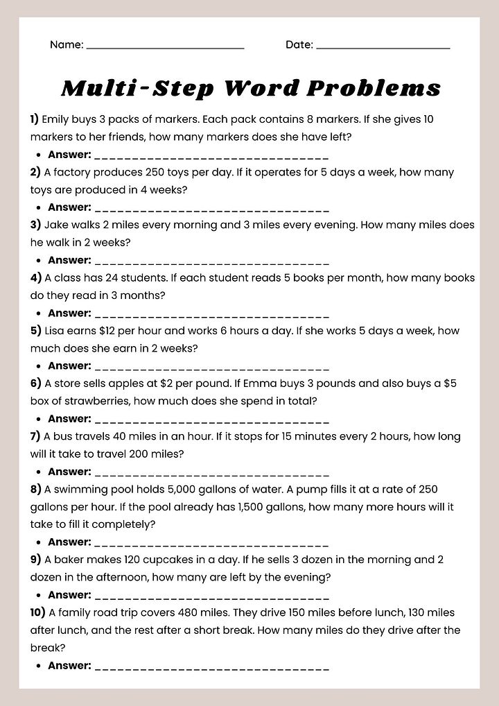 Multi-Step Word Problems Worksheet - Printable PDF product image (1)