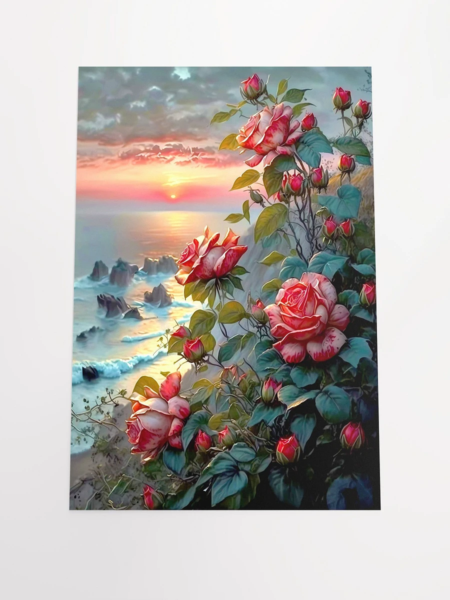 Coastal Sunset Romance: Majestic Roses Against Oceanic Vistas Poster
