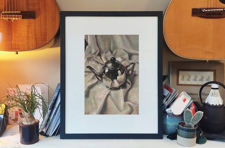 251114 Silver Art Deco Teapot on Linen Original Study Artwork. product image (2)