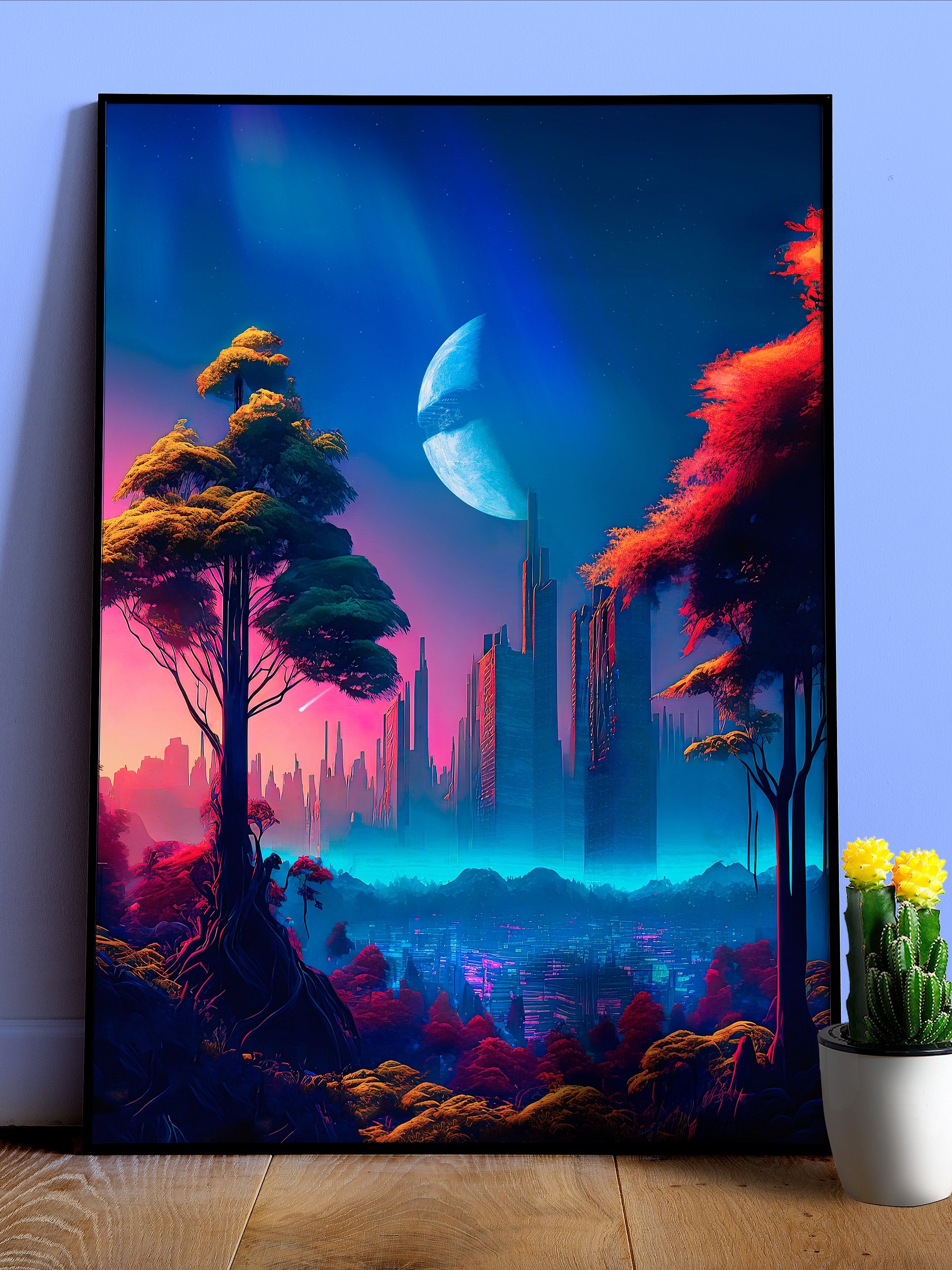 Neon cyberpunk city in a forest (Star Wars/Blade Runner style) — surreal space collage art, futuristic sci-fi collage product image (1)