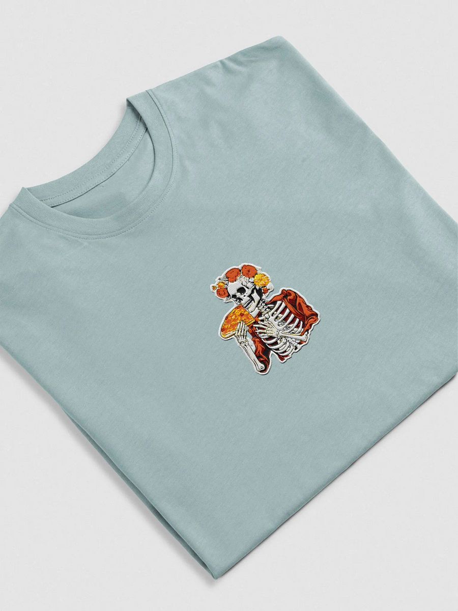 Floral Embroidered Elegance: Pizza-Loving Skeleton Tee product image (27)