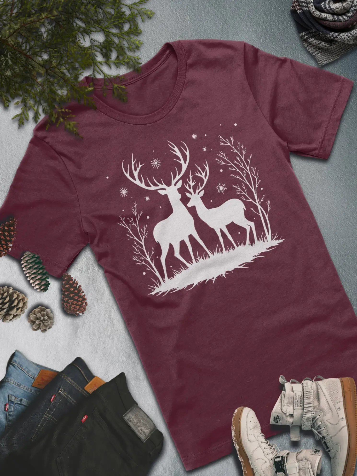 Winter Deer Pair T-Shirt – Elegant Nature-Inspired Winter Fashion product image (3)