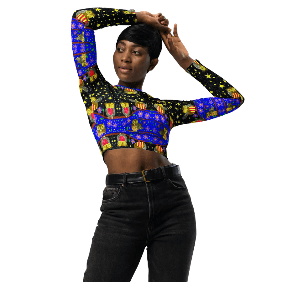 Symmetrical Starry Night Owl Dream Long Sleeve Crop Top product image (3)
