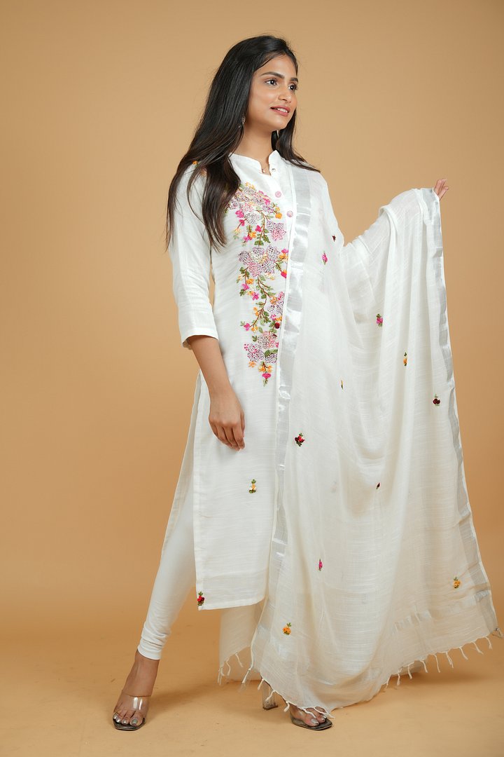 Copy of White Embroidery Linen Cotton Kurta and Dupatta product image (1)