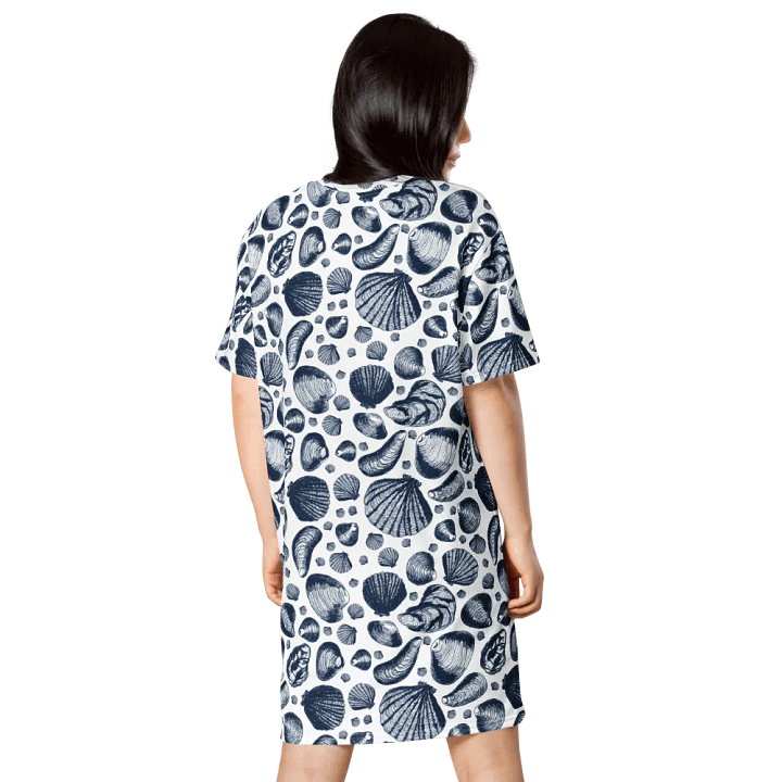 Women's | New England Tidal Treasures | T-Shirt Dress | Seashell Print, Oversized & Comfy | Dark Blue on White product image (2)