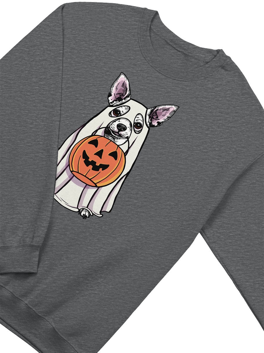 Funny Halloween Chihuahua(White) Sweatshirt | Funny Chihuahua Wearing a Ghost Costume and Holding a Pumpkin Basket product image (8)