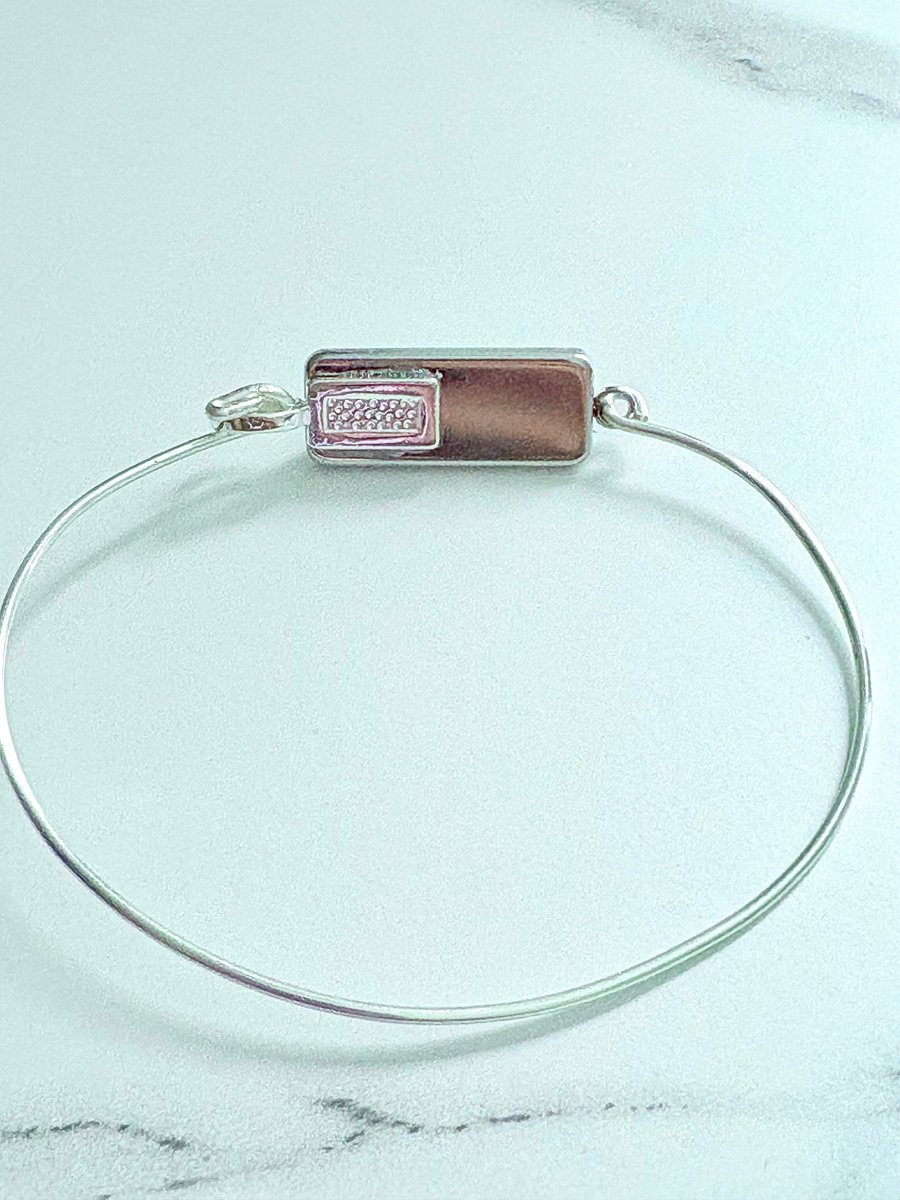 ⚡ Electric Tide Bangle | 7.75" Silver-Plated Wire Bracelet with Green and Silver Marbling | Rectangle Charm | Handmade Coastal Charm Jewelry by Monique Faella Designs™ | MFD-00174 product image (4)
