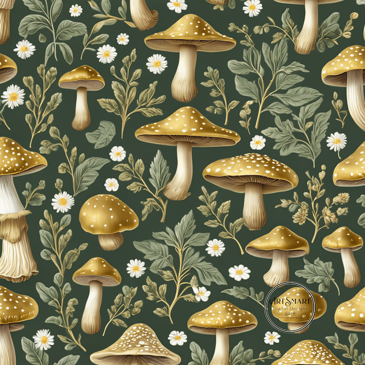 Seamless Pattern - Golden Mushrooms on Dark Green product image (1)