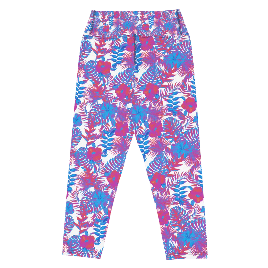 Yoga capri  leggings blue and pink colors tropical leaves design. Perfect for holiday vibes product image (7)