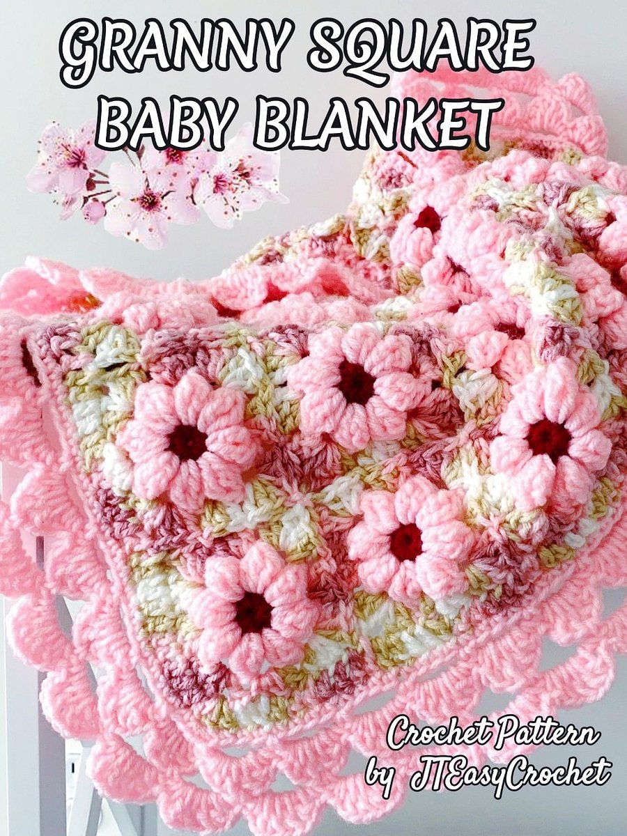 Cherry Blossom Baby Blanket Crochet Pattern, Textured 3D Floral Granny Squares Couch Throw product image (4)
