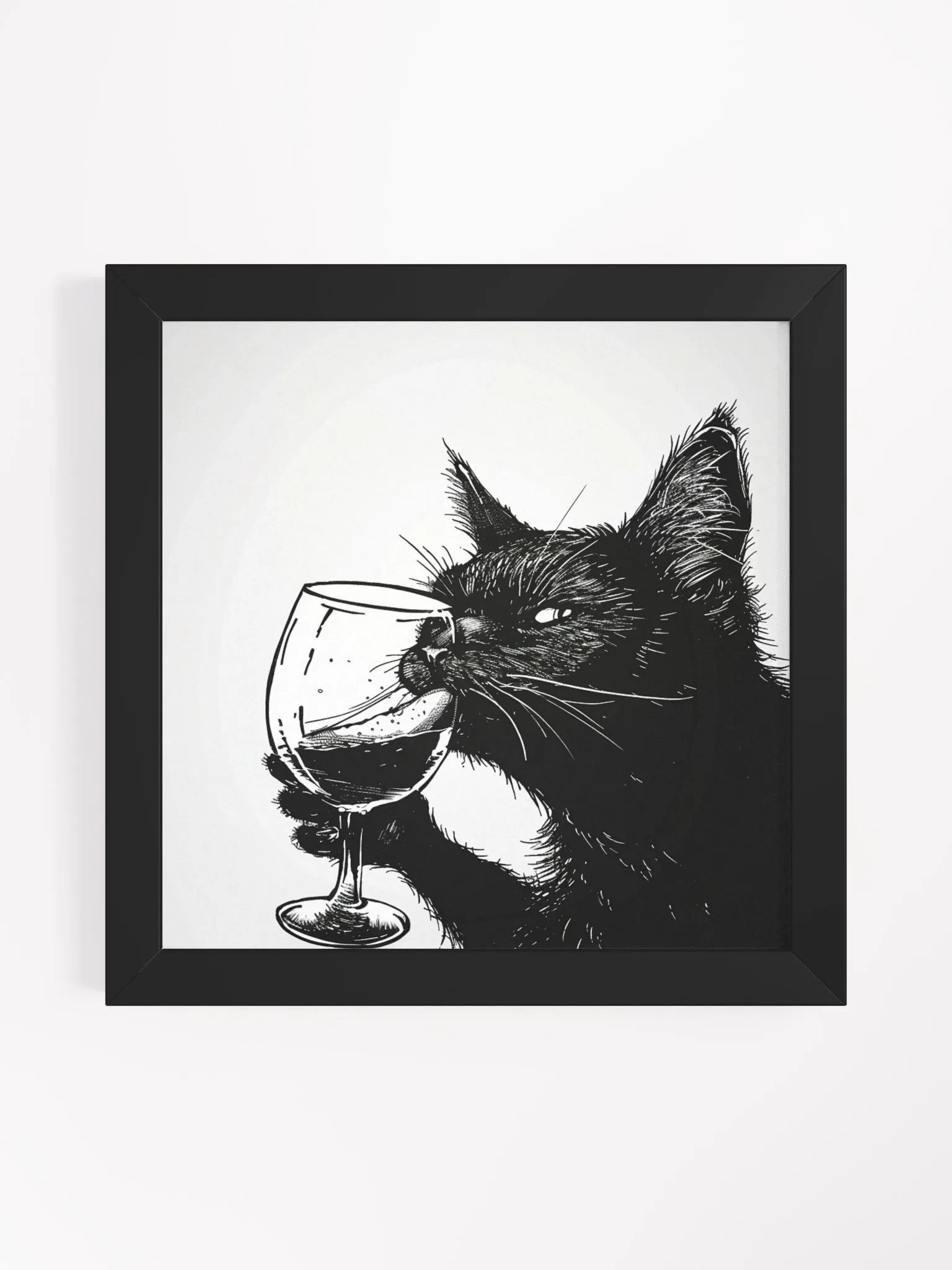 Black and White Drawing of Cat Drinking Wine Wall Art product image (6)