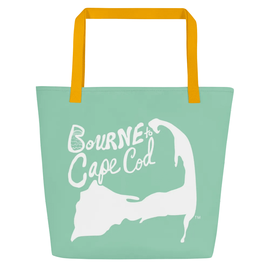 BOURNE to Cape Cod™ | Large Tote Bag with Pocket | Coastal Classic | All-Over Logo Print | White Logo on Vista Blue Green product image (4)