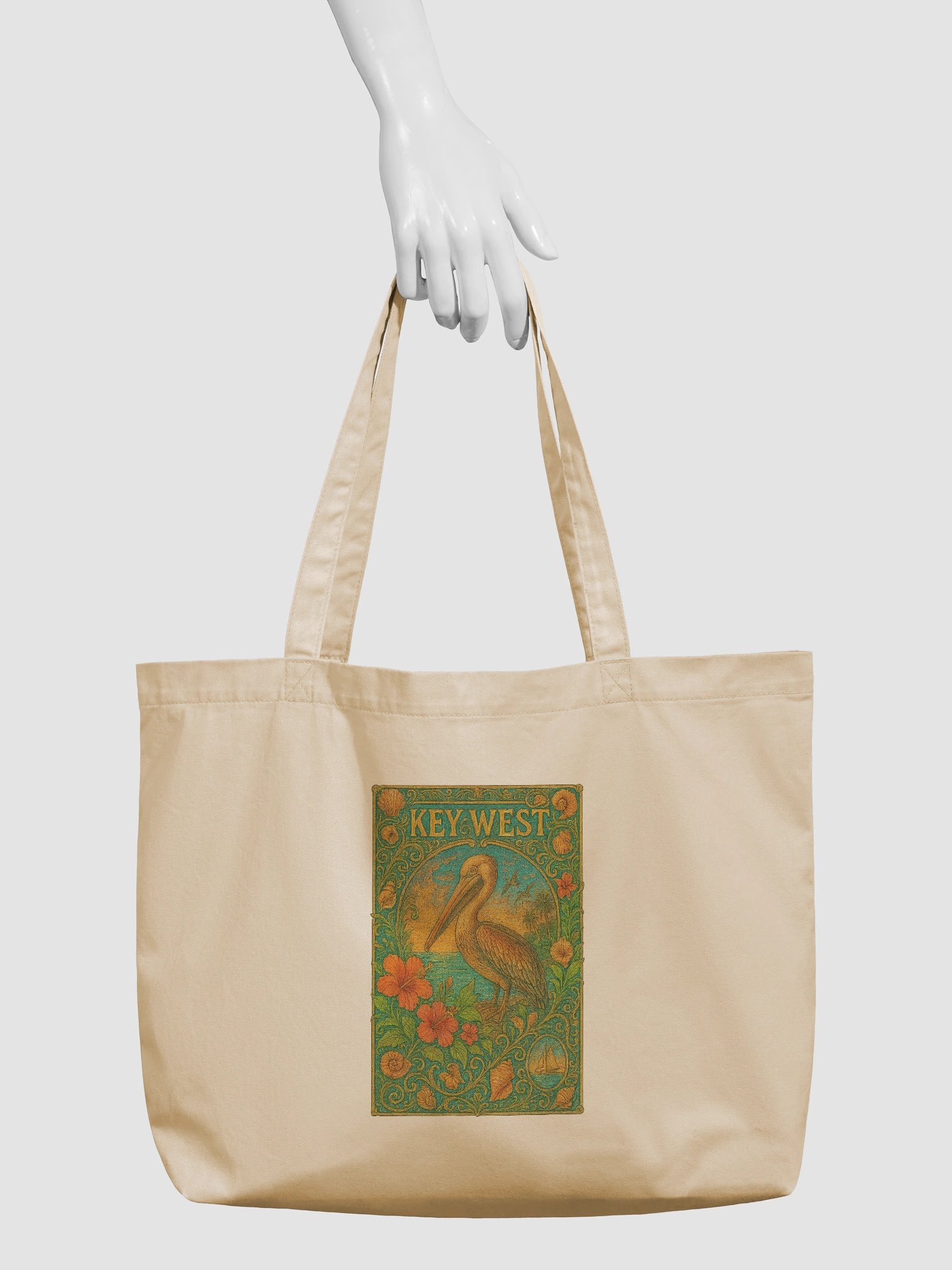 Key West Organic Cotton Tote Bag with Pelican and Hibiscus product image (5)