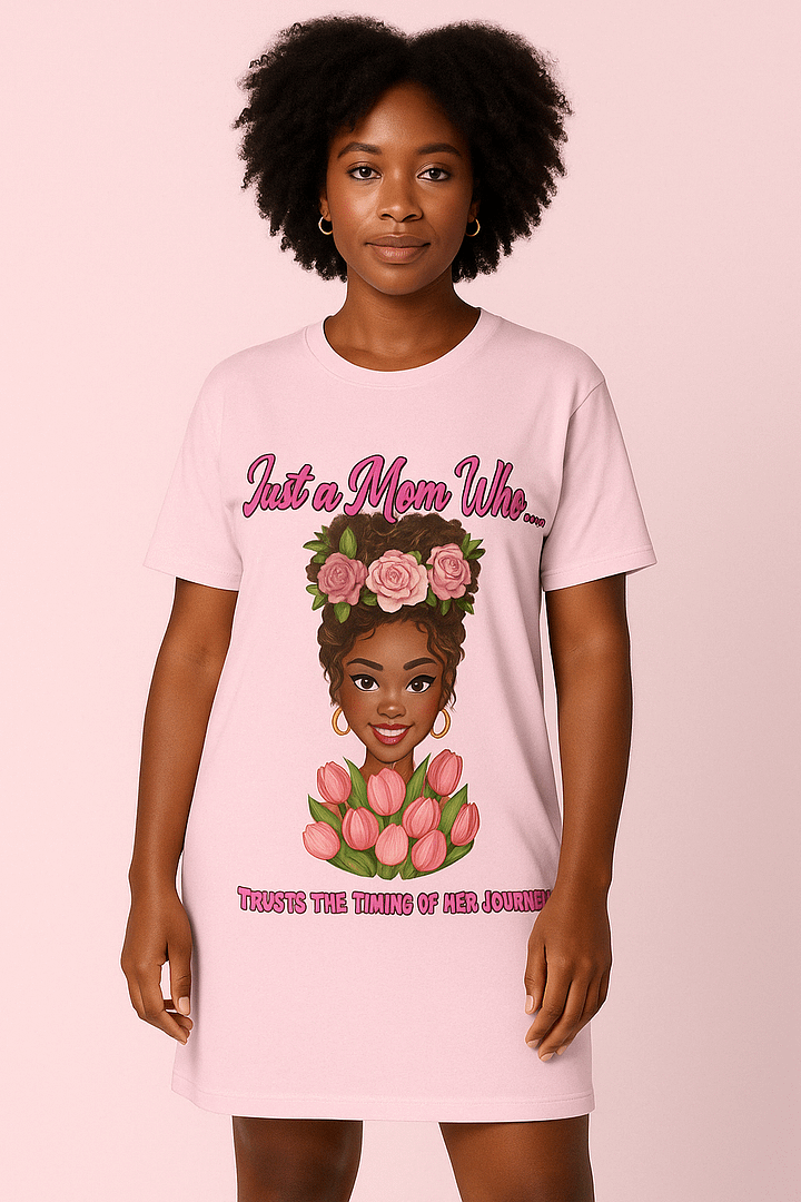 Just a Mom Who Graphic T-Shirt Dress – Floral Afro Mom Art – Mother's Day Gift – Oversized All-Over Print Dress (2XS–6XL) product image (1)