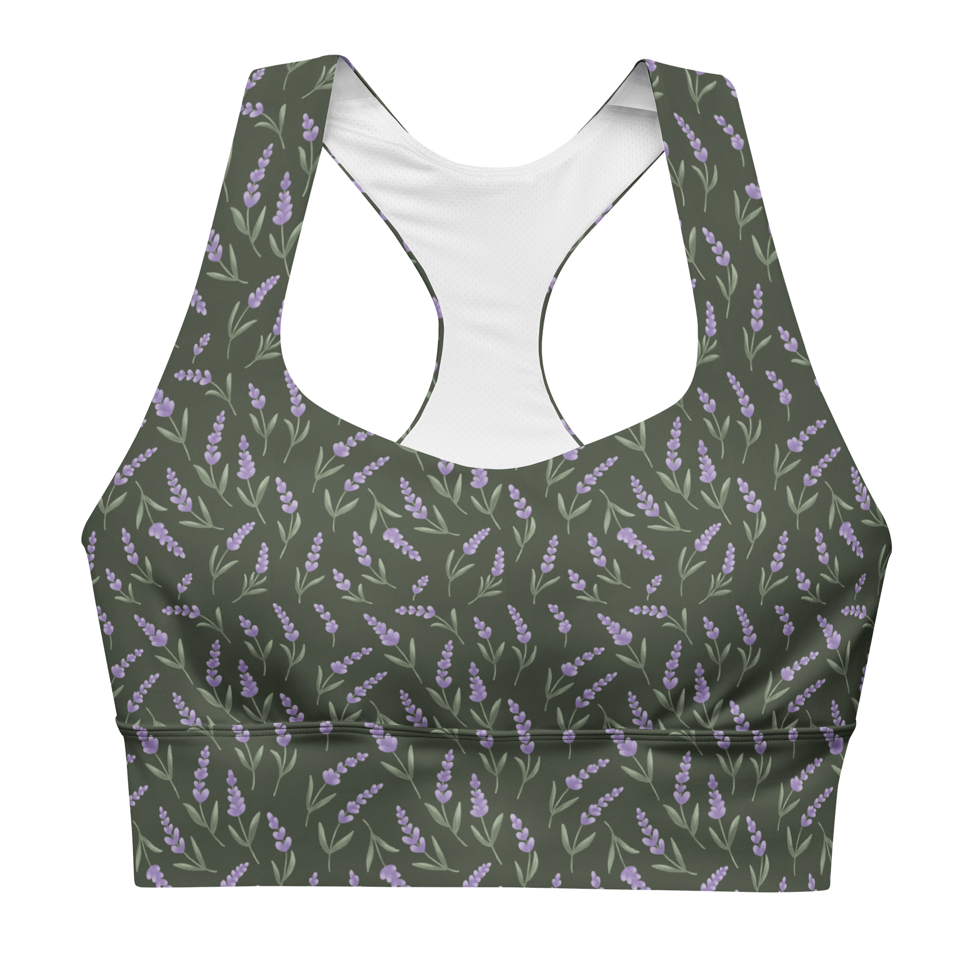 All-Over print recycled longline sports bra with lavender pattern on green background product image (3)