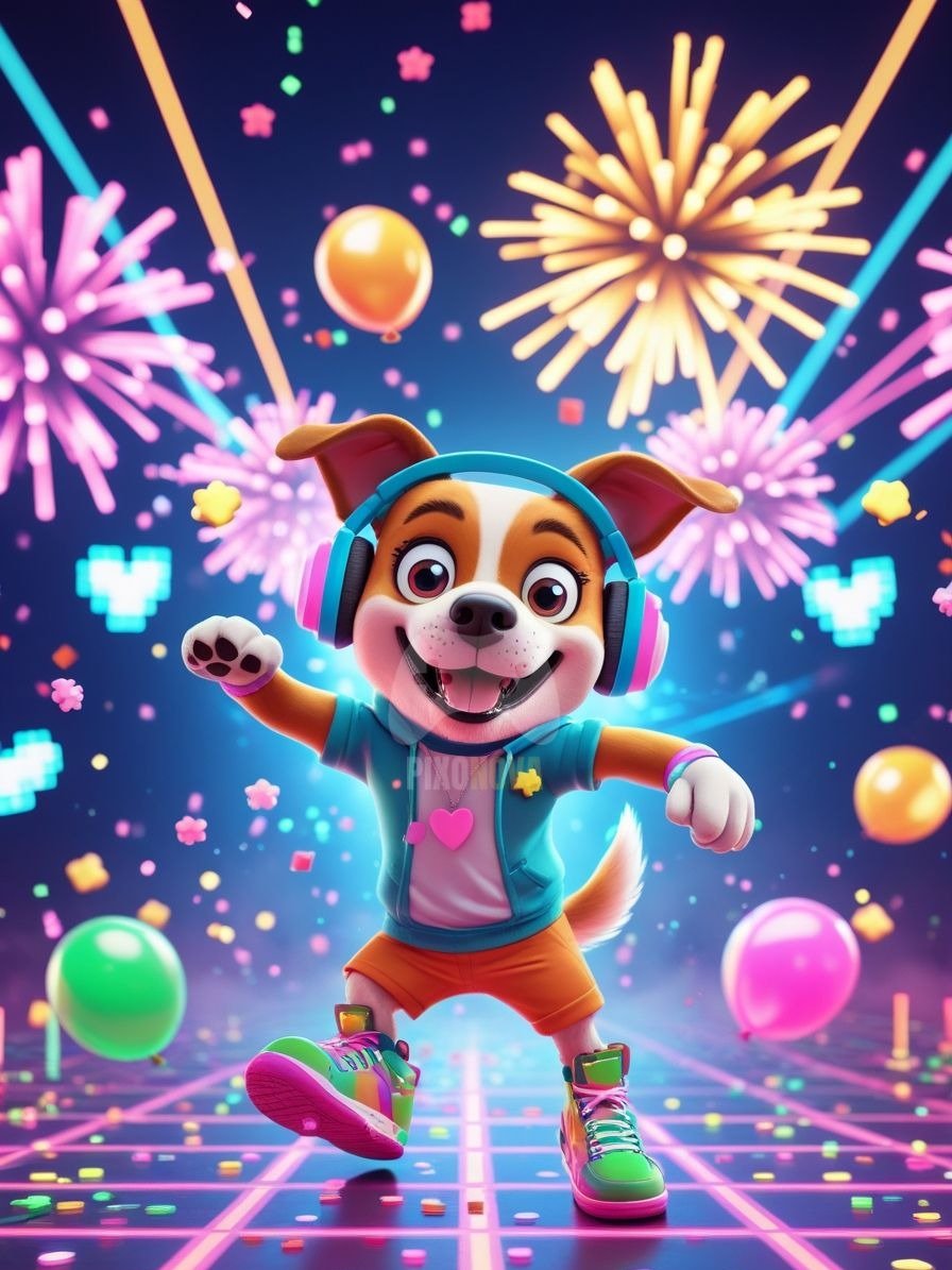 Pixel Party Parade – Track 4: Pixel Pop Fiesta (Dog Mascot Edition) | 896x1344 px | 4 Variations | PNG + PDF product image (1)