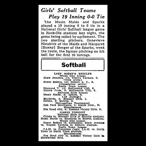Thursday, September 6, 1945 — Endurance on the diamond: The Music Maids and Sparks battled to a 19-inning scoreless tie in Na...