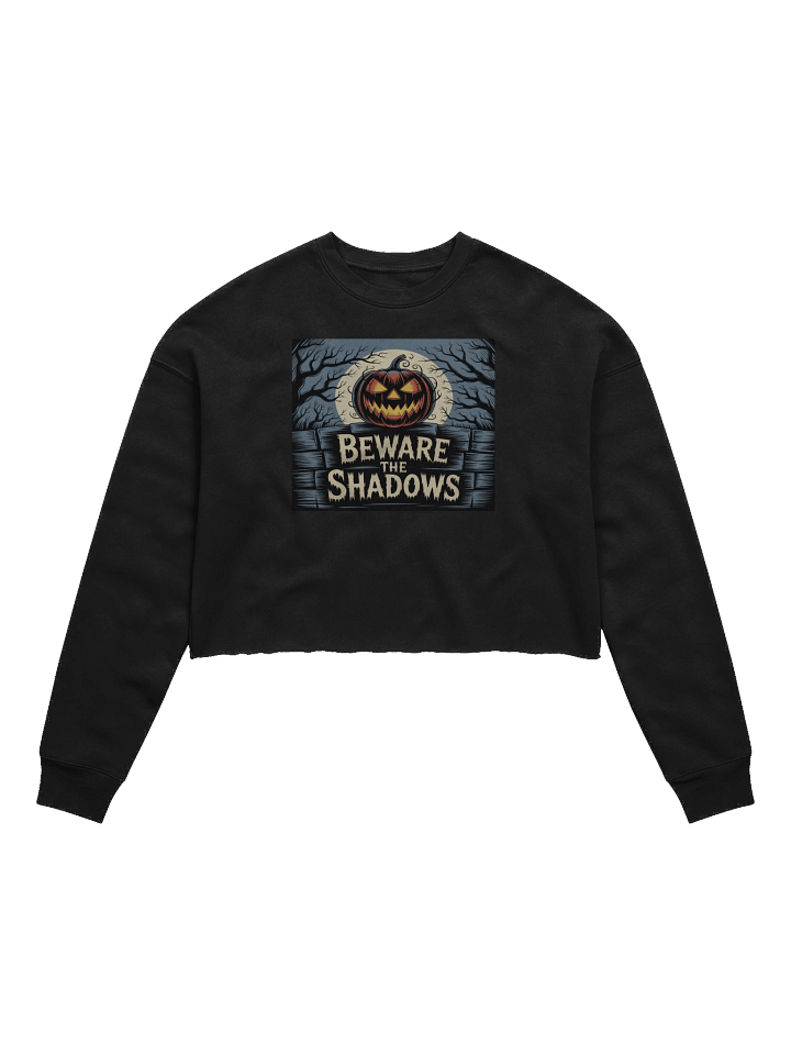 Beware of Shadows Women's Fleece Crop Sweatshirt - Black Gothic Pumpkin Design by Midnight Veil Designs product image (1)