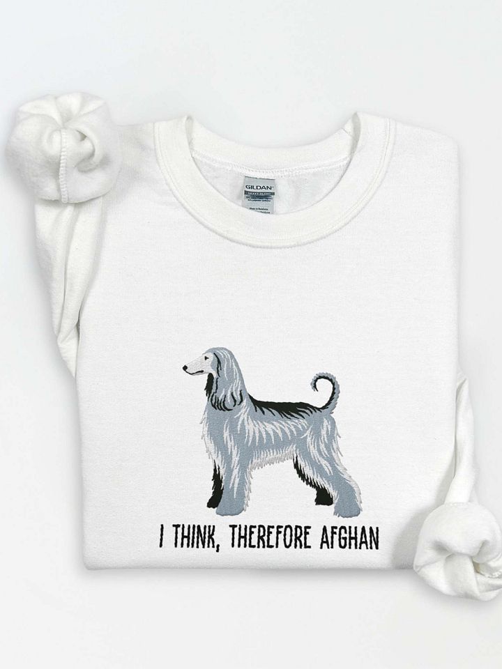 I Think Therefore Afghan Sweatshirt (Embroidered) of an Afghan Hound(Blue) product image (1)