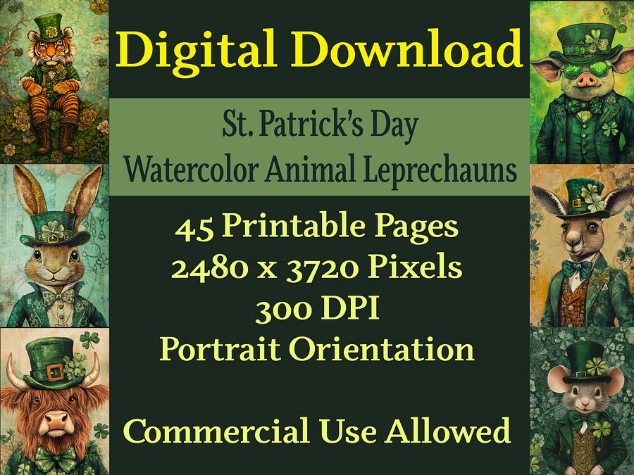 St. Patrick's Day Watercolor Animal Leprechauns Digital Paper Pages, Scrapbook, Junk Journal, printable images product image (2)
