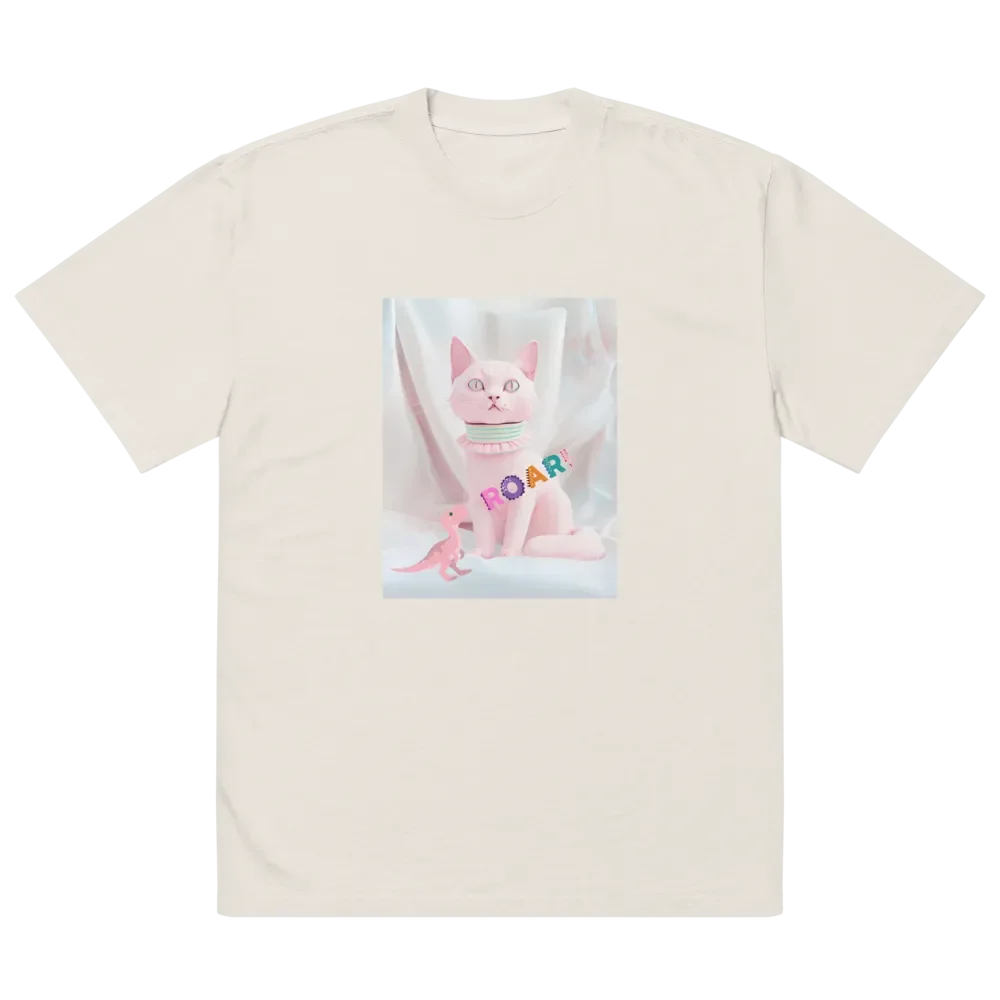 Pastel Fantasy: Cat and Dinosaur Premium Oversized Faded T-Shirt product image (2)