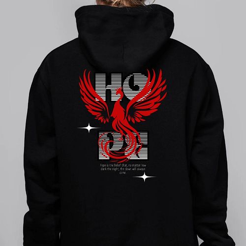 This durable hoodie showcases an eye-catching red phoenix design, complemented by the empowering word 'HOPE'. It's more than ...