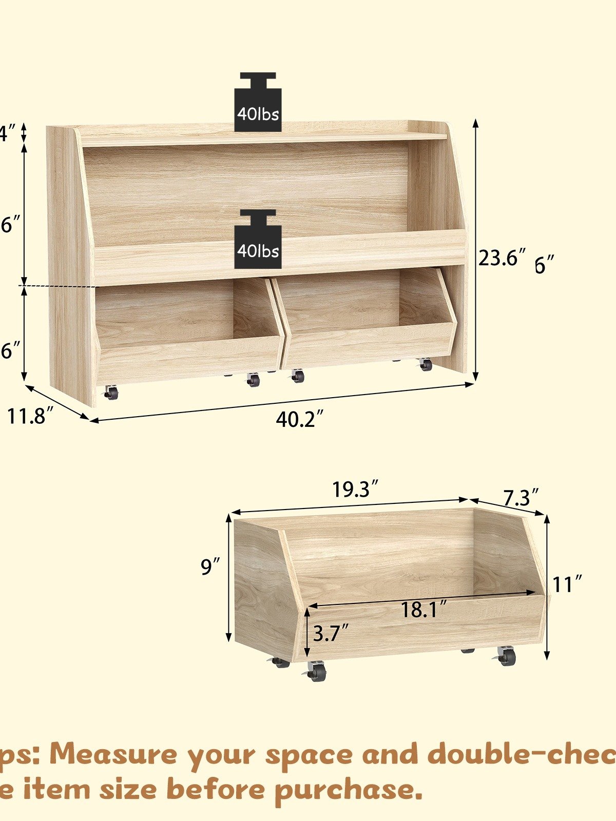 2-Tier Portable Toy Storage, Kids Toy Organizer W/2 Removable Bins with 4 Wheels（Wood) product image (2)