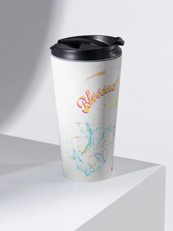 Travel mug  with beautiful swirly blue water splash and drops design featuring “Blessed’ product image (2)