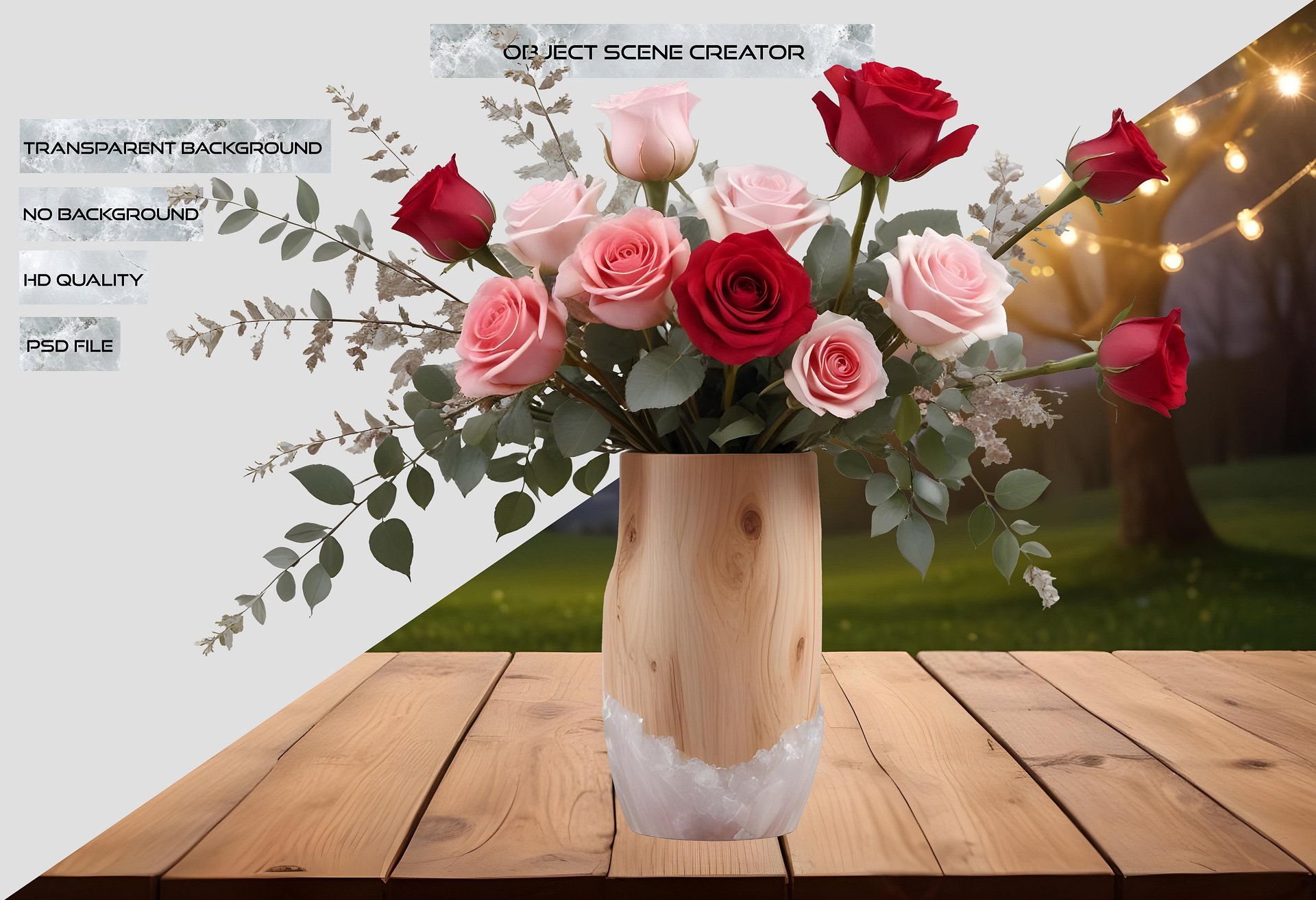 Tall Wooden and Rose Quartz Vase with Romantic Rose Arrangement PNG product image (2)