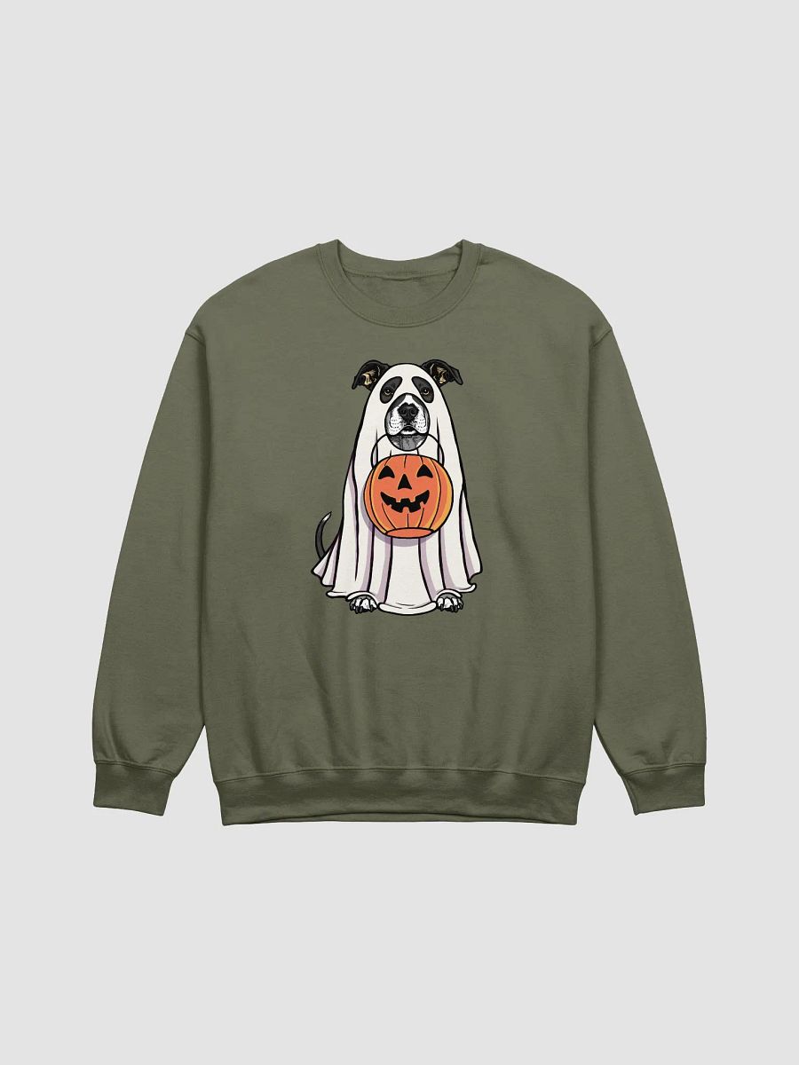Funny Halloween Pitbull Terrier(Black) Sweatshirt | Funny Pittie Wearing a Ghost Costume and Holding a Pumpkin Basket product image (13)