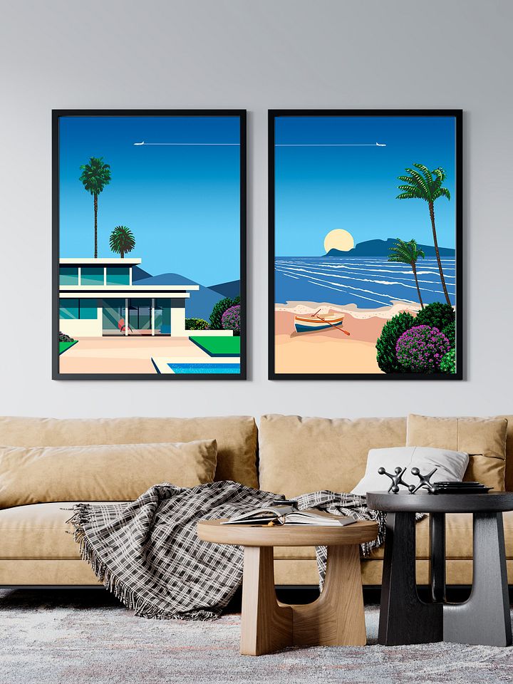 Cyprus. Beach with boat, sunrise — City Pop art, retrowave/vaporwave poster, 80s, aesthetic poster, Hiroshi Nagai inspired art product image (2)