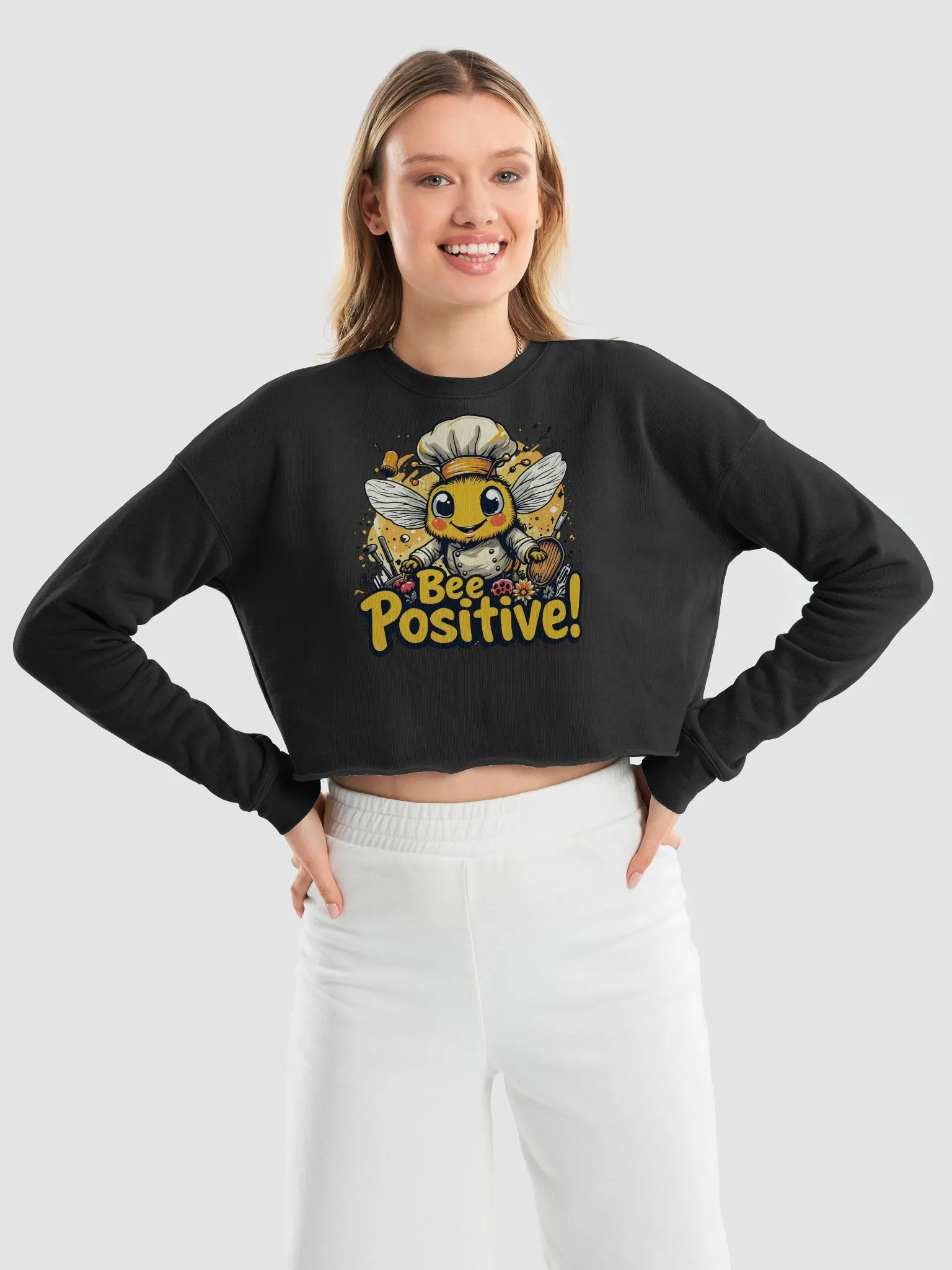 Bee Positive! Chef Bee Cartoon Crop Sweatshirt product image (41)