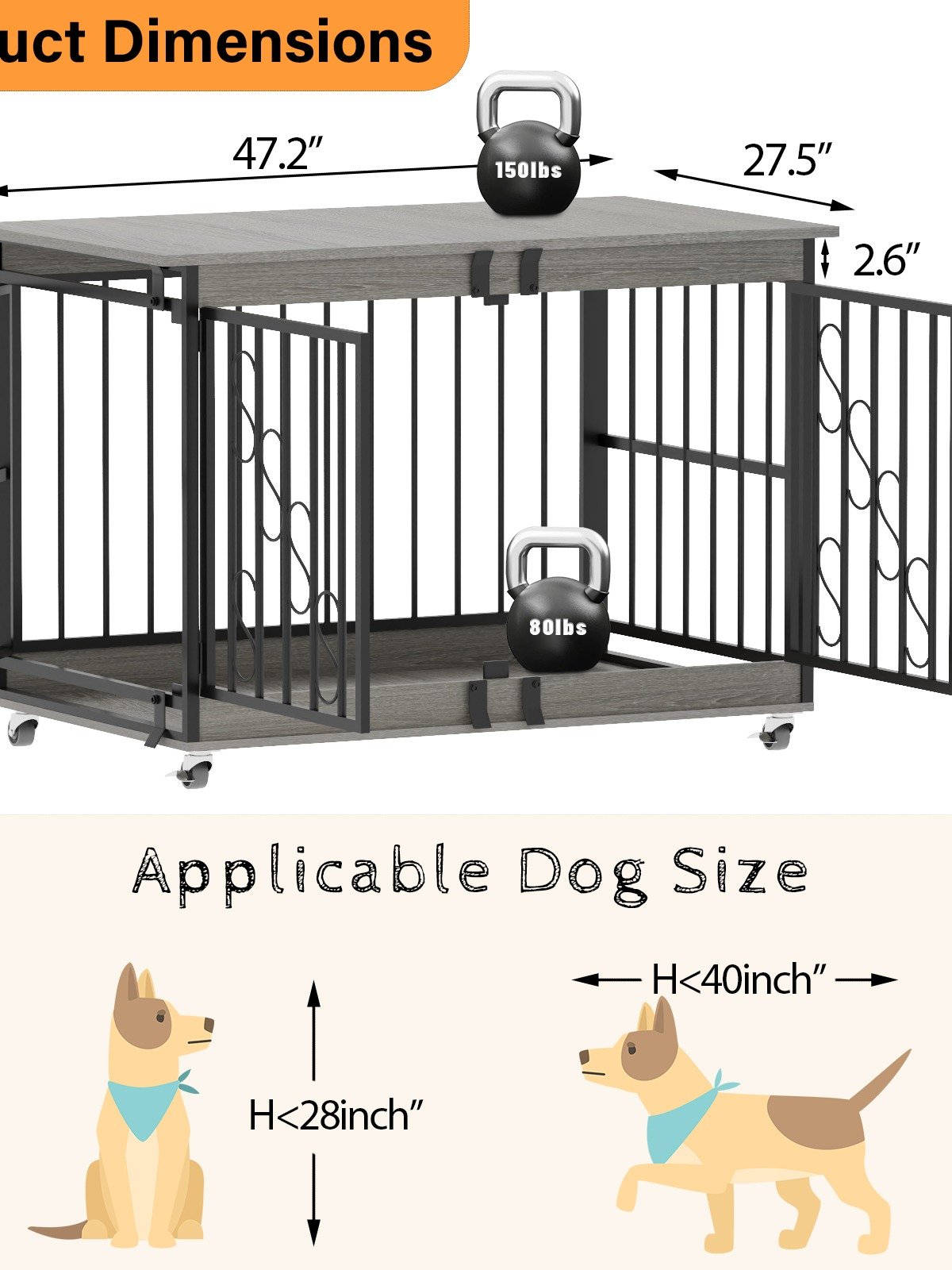 48 Inch Dog Cage Furniture for Extra Large Dog, Double-Doors Heavy Duty Dog Crate with 360° Caster Wheels, Dog Kennel Indoor Decorative Pet House Dog Cage Table, Gray product image (2)