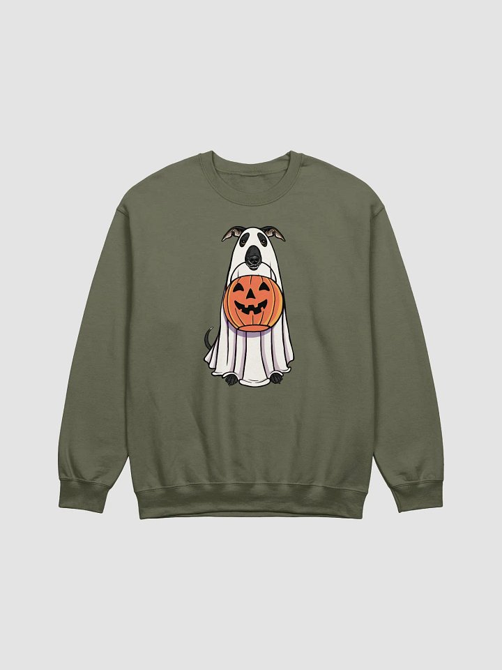 Funny Halloween Italian Greyhound(Black) Sweatshirt | Funny Iggy Wearing a Ghost Costume and Holding a Pumpkin Basket product image (1)