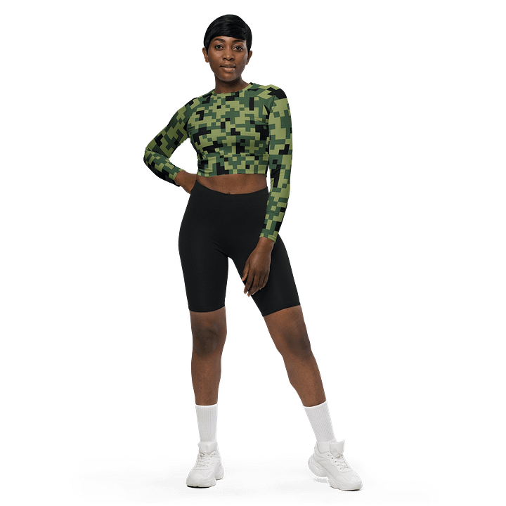 Military Green Camouflage Pixels Camo Pattern Long Sleeve Crop Top product image (2)