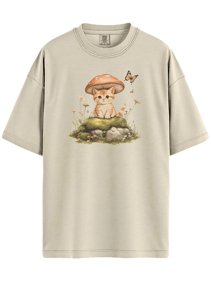 Cottage core Mushroom Cat T-Shirt - Relaxed Fit Heavyweight Unisex Cotton T-Shirt product image (2)