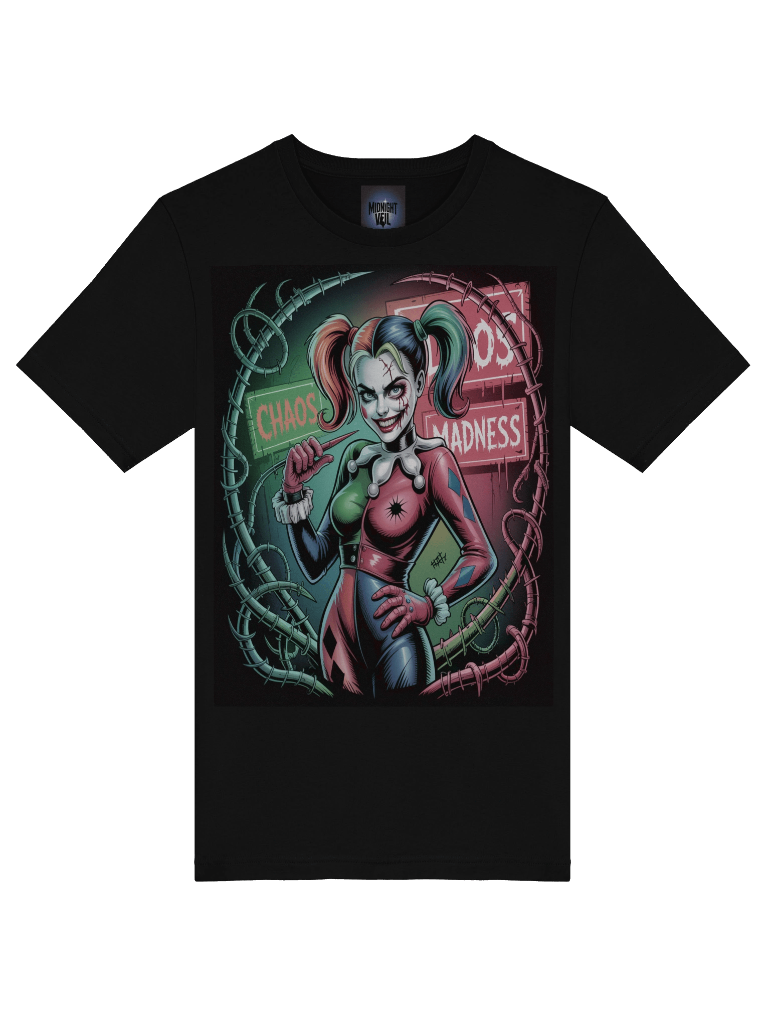 Chaos and Madness: Harley Quinn's Vine-Entwined Vortex Graphic Tee product image (7)