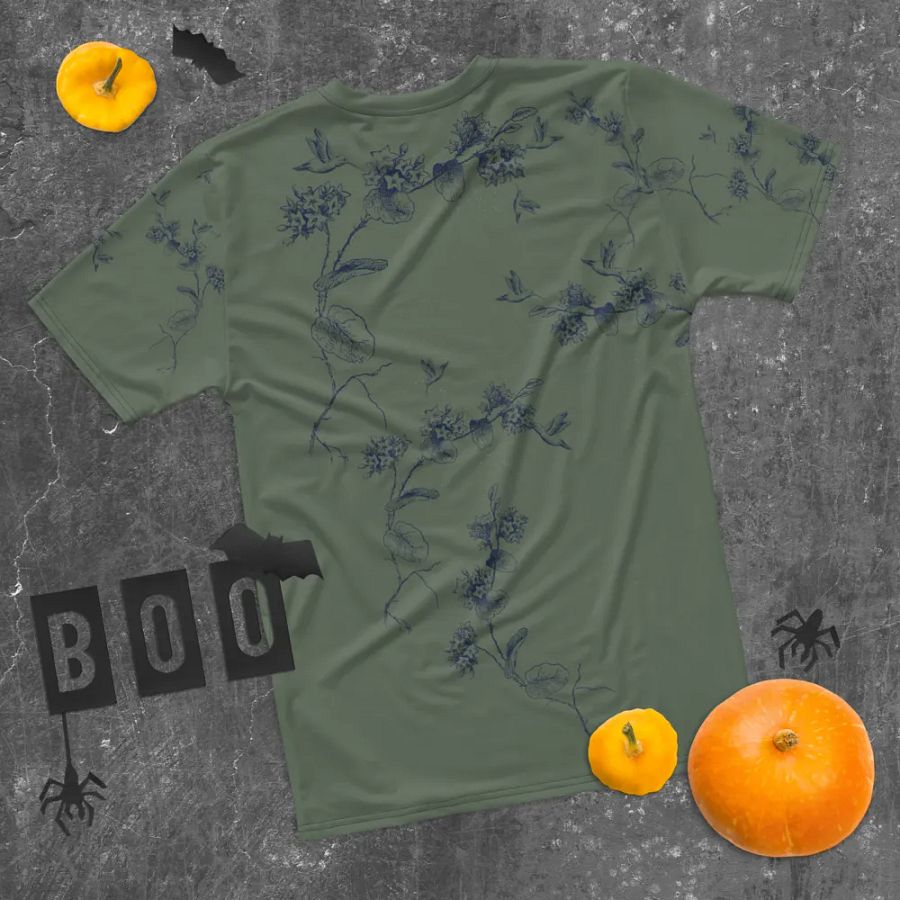 olive green all  over printed unisex T shirt with humming bird design. Outdoors vibe ideal for the person who enjoys birding. product image (10)