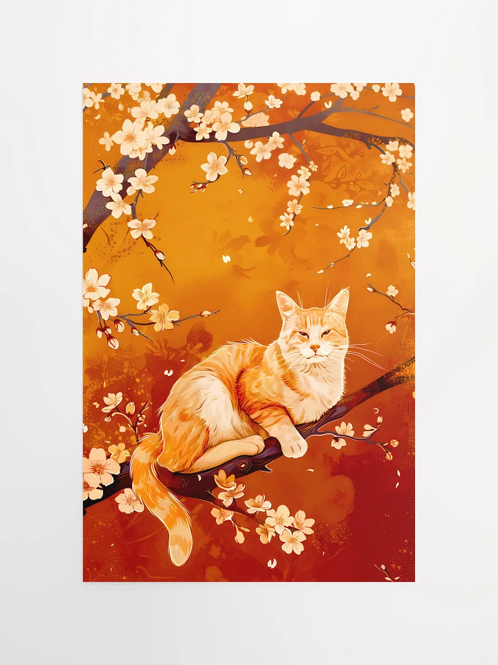 Ginger Cat Amidst Autumn Cherry Blossoms: Serene Feline Art Print Matte Poster product image (2)