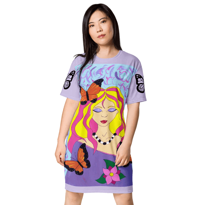 Butterfly spring woman (art by Dina R.) acrylic painting picture - T-Shirt Dress product image (1)