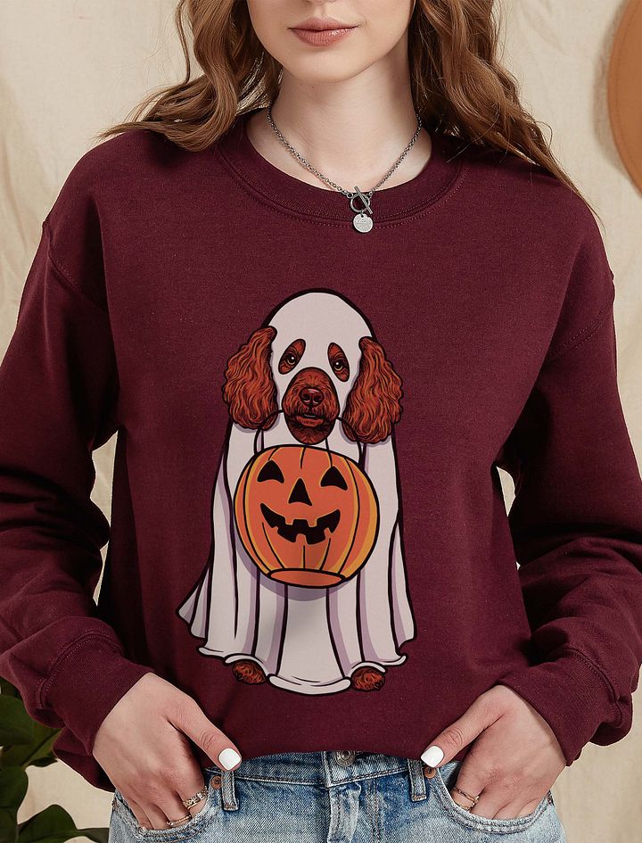 Funny Halloween Mini Poodle(Red) Sweatshirt | Funny Poodle Wearing a Ghost Costume and Holding a Pumpkin Basket product image (10)