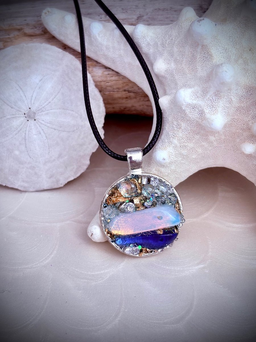Mixed Metal Horizon Sea Glass Pendant Necklace | Handmade Bead & Sea Glass Art | Coastal Charm Jewelry by Monique Faella Designs™ | MFD-00226 product image (7)