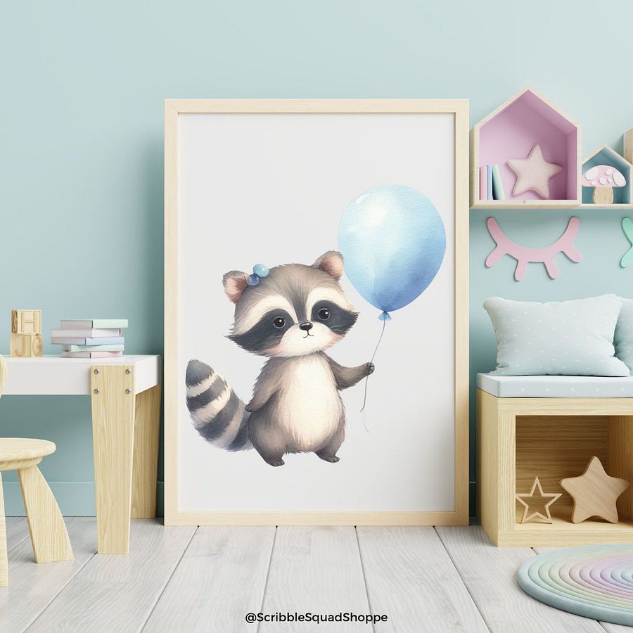 Raquel Raccoon with Blue Balloon Wall Art product image (1)
