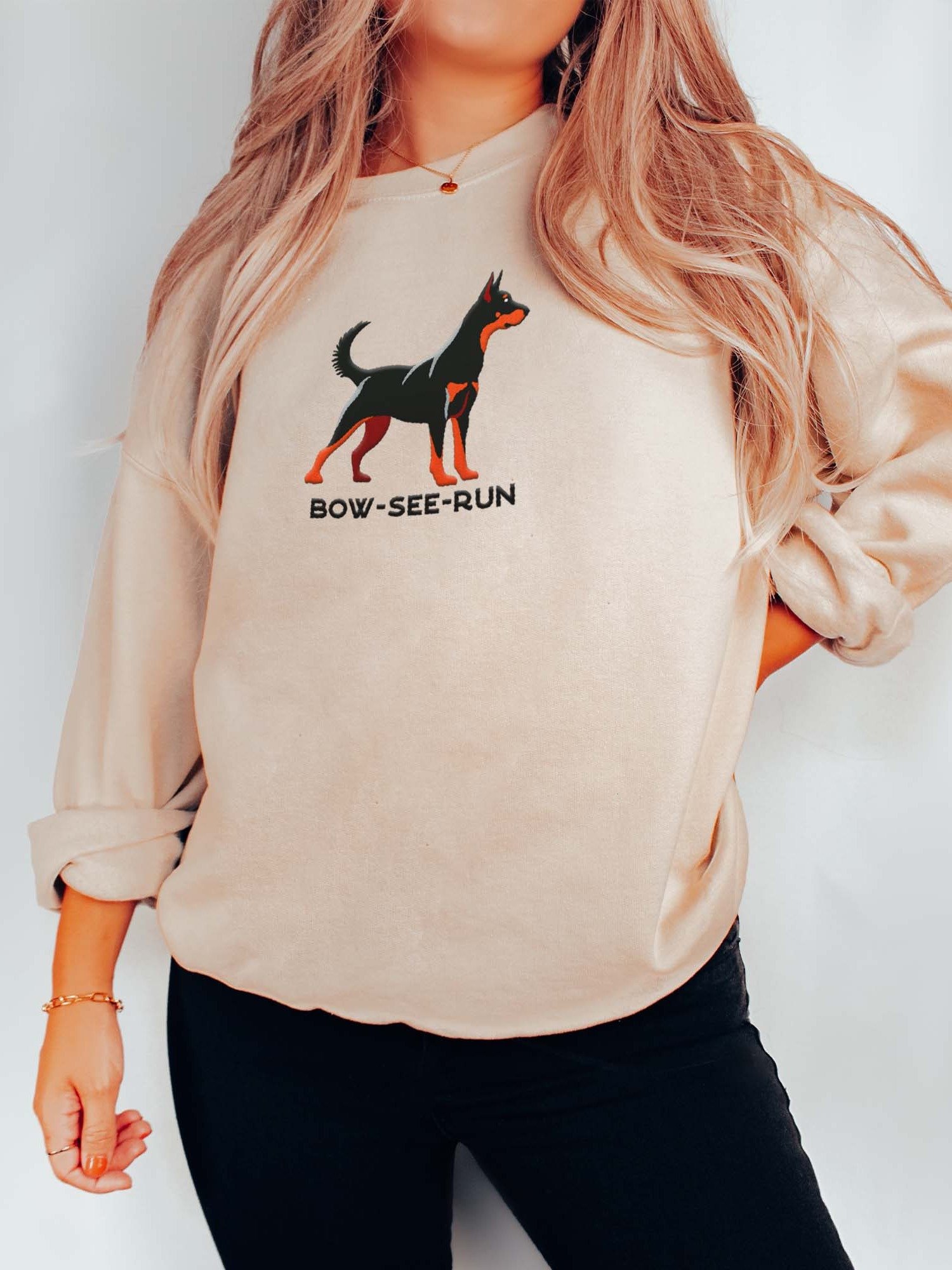 Bow-See-Run Sweatshirt (Embroidered) of a Beauceron(Black & Tan, Cropped Ears) product image (2)